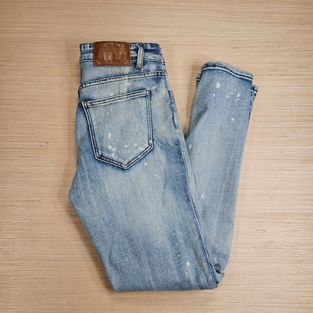 Waimea Jeans Men 32 Fit 31x30 Blue Skinny Distressed Paint Splatter Biker Denim